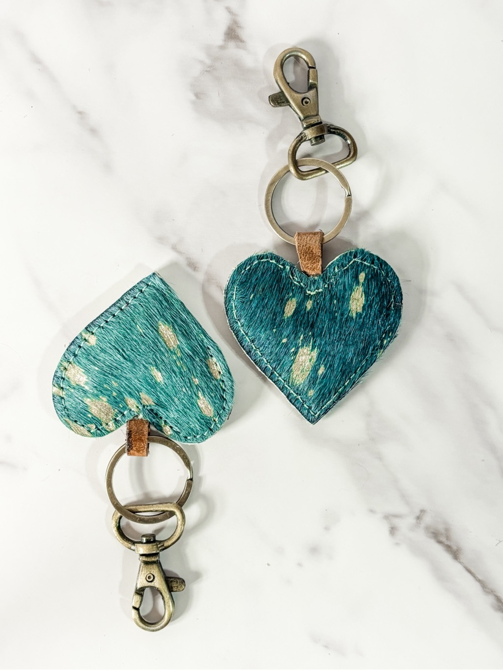 Teal Cowhide Heart Bag Charm Hair On Hide Leather keychain Western Texas - Picture 2 of 3